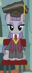 Size: 301x671 | Tagged: safe, screencap, maud pie, earth pony, pony, g4, rock solid friendship, chair, clothes, cropped, female, graduation, graduation cap, hat, mare, maud pie's tie, necktie, robe, rocktorate, school, sitting, solo, stage