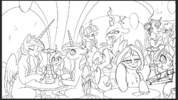 Size: 654x368 | Tagged: safe, artist:brainiac, pinkie pie, princess cadance, princess celestia, princess luna, queen chrysalis, spike, tree hugger, twilight sparkle, oc, oc:alumx, oc:whiskey lullaby, alicorn, changeling, changeling queen, dragon, earth pony, pony, unicorn, g4, brainiacs sketchbook (set), hookah