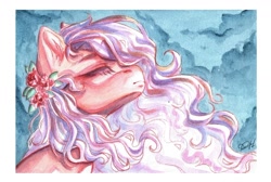 Size: 1280x859 | Tagged: safe, artist:dorry, oc, oc only, pony, bust, cloud, eyes closed, flower, flower in hair, portrait, sky background, solo, traditional art, watercolor painting, wavy mane