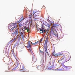 Size: 1280x1269 | Tagged: safe, artist:dorry, pony, unicorn, bust, curved horn, gold, heterochromia, horn, looking away, markings, portrait, scan, scanned, simple background, traditional art, watercolor painting, white background