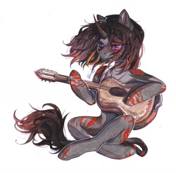 Size: 1280x1265 | Tagged: safe, artist:dorry, oc, oc only, pony, unicorn, curved horn, guitar, heterochromia, horn, leonine tail, markings, musical instrument, not zebra, scan, scanned, simple background, solo, stripes, tail, traditional art, unicorn oc, watercolor painting, white background