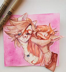 Size: 996x1080 | Tagged: safe, artist:dorry, oc, oc only, gecko, lizard, pony, animal on nose, cheek kiss, clothes, duo, jewelry, kissing, one eye closed, pen, pendant, photo, pink background, simple background, traditional art, watercolor painting