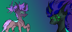 Size: 4500x2025 | Tagged: safe, artist:ashel_aras, oc, oc only, oc:ashel, changeling, pony, unicorn, changeling oc, different poses, gradient background, gradient mane, multiple eyes, ponytail, poses, sketch, solo