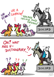Size: 2894x4093 | Tagged: safe, artist:julunis14, apple bloom, discord, scootaloo, sweetie belle, draconequus, earth pony, pegasus, pony, unicorn, series:my little honses, g4, the return of harmony, 2 panel comic, :v, argument, chest fluff, comic, cutie mark crusaders, dialogue, dictionary belle, digital art, female, filly, foal, high res, male, misspelling, open mouth, parody, petrification, question mark, scene interpretation, scootachicken, signature, silly, simple background, statue, white background