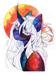 Size: 805x1080 | Tagged: safe, artist:dorry, oc, oc only, pony, unicorn, bust, circle background, colored eyelashes, curved horn, horn, looking at you, partial background, portrait, simple background, solo, traditional art, unicorn oc, watercolor painting, white background