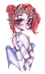 Size: 669x1080 | Tagged: safe, artist:dorry, oc, oc only, oc:alruna moonrise, bat pony, pony, bat pony oc, bun hairstyle, clothes, floral head wreath, flower, looking at you, ribbon bow tie, scan, scanned, simple background, socks, striped socks, traditional art, watercolor painting, white background