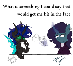 Size: 1280x1173 | Tagged: safe, artist:ashel_aras, artist:reddyshes, oc, oc only, oc:ashel, oc:beatrice mills, changeling, pony, unicorn, changeling oc, clothes, collaboration, duo, embarrassed, eyeliner, gun, makeup, meme, piercing, simple background, text, weapon, white background