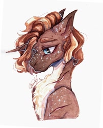 Size: 874x1080 | Tagged: safe, artist:dorry, oc, oc only, pony, unicorn, bust, chest fluff, horn, looking down, portrait, scan, scanned, scar, simple background, solo, traditional art, unicorn oc, watercolor painting, white background
