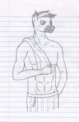 Size: 1625x2500 | Tagged: safe, artist:xyclone, oc, oc only, oc:velocity, anthro, abs, belly button, lined paper, male, muscles, pecs, solo, towel, traditional art