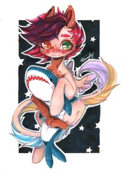 Size: 760x1080 | Tagged: safe, artist:dorry, oc, oc only, original species, pegasus, pony, shark, blåhaj, freckles, heterochromia, ikea, leonine tail, marker drawing, partial background, paws, plushie, pony oc, shark plushie, simple background, solo, stars, tail, traditional art, wings