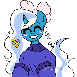 Size: 2000x2000 | Tagged: safe, artist:chocogriff, oc, oc only, oc:fleurbelle, alicorn, semi-anthro, alicorn oc, blushing, bow, clothes, female, hair bow, high res, horn, mare, simple background, smiling, solo, sweater, transparent background, watermark, wings