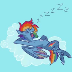 Size: 1280x1280 | Tagged: safe, artist:heebiejeebies, rainbow dash, pegasus, pony, g4, arm behind head, cloud, eyes closed, female, lying down, on a cloud, on back, onomatopoeia, open mouth, simple background, sky, sleeping, sleeping on a cloud, sleepydash, snoring, solo, sound effects, zzz