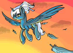 Size: 1682x1234 | Tagged: safe, artist:emberjaaas, oc, oc only, oc:fleurbelle, alicorn, pony, alicorn oc, feather, female, flying, horn, mare, simple background, sky, solo, sunset, wings, yellow background