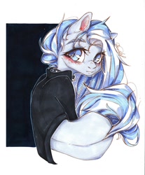 Size: 894x1080 | Tagged: safe, artist:dorry, oc, oc only, earth pony, pony, abstract background, choker, clothes, earth pony oc, jacket, leather, leather jacket, looking away, looking back, marker drawing, partial background, rear view, scanned, simple background, solo, spiked choker, traditional art, white background