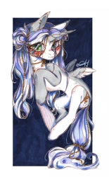 Size: 670x1080 | Tagged: safe, artist:dorry, oc, oc only, alicorn, pony, alicorn oc, gold, horn, looking at you, marker drawing, partial background, simple background, solo, traditional art, waist wings, white background, wings