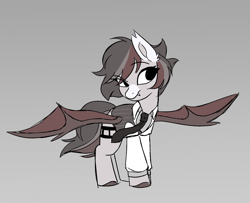 Size: 2220x1800 | Tagged: safe, artist:syrupyyy, oc, oc only, oc:news flash, bat pony, pony, clothes, female, gray background, mare, necktie, simple background, sketch, solo, spread wings, suit, wings