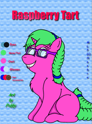 Size: 1663x2239 | Tagged: safe, artist:puffydearlysmith, oc, oc:raspberry tart, pony, unicorn, blank flank, braid, braided ponytail, braided tail, female, filly, foal, glasses, ponytail, reference sheet, smiling, tail