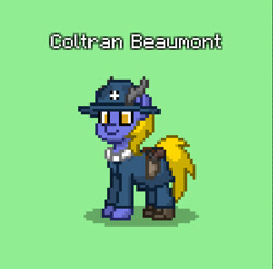 Size: 555x549 | Tagged: safe, oc, oc only, oc:coltran beaumont, deer, pony, pony town, american civil war, clothes, coat, deer oc, green background, gun, handgun, non-pony oc, revolver, simple background, solo