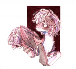 Size: 1280x1157 | Tagged: safe, artist:dorry, oc, oc only, original species, pegasus, pony, abstract background, clothes, head wings, looking away, partial background, pegasus oc, short hair, simple background, socks, solo, striped socks, stripes, traditional art, watercolor painting, white background, wings