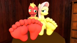 Size: 1920x1080 | Tagged: safe, artist:jhedral, big macintosh, fluttershy, earth pony, pegasus, anthro, plantigrade anthro, g4, 3d, duo, feet, female, foot focus, looking at each other, looking at someone, male, mare, ship:fluttermac, shipping, soles, source filmmaker, stallion, straight