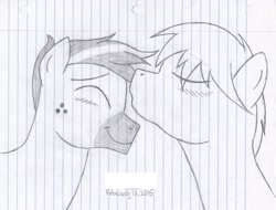 Size: 3116x2372 | Tagged: safe, artist:xyclone, oc, oc only, oc:blank slate, oc:velocity, blushing, gay, high res, kissing, male, stallion, traditional art