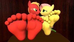 Size: 1920x1080 | Tagged: safe, alternate version, artist:jhedral, big macintosh, fluttershy, earth pony, pegasus, anthro, plantigrade anthro, g4, 3d, boop, duo, feet, female, foot focus, looking at each other, looking at someone, male, mare, noseboop, ship:fluttermac, shipping, smiling, smiling at each other, soles, source filmmaker, stallion, straight