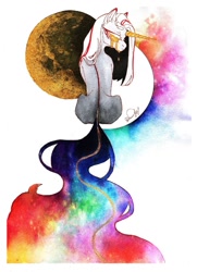 Size: 784x1080 | Tagged: safe, artist:dorry, oc, oc only, pony, unicorn, golden eyes, horn, moon, rear view, simple background, solo, traditional art, unicorn oc, watercolor painting, white background