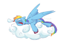 Size: 1118x740 | Tagged: safe, artist:fernsensei, rainbow dash, pegasus, pony, g4, cloud, female, on a cloud, simple background, sleeping, sleeping on a cloud, snoring, snot bubble, solo, white background