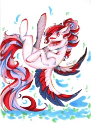 Size: 792x1080 | Tagged: safe, artist:dorry, oc, oc only, pegasus, pony, abstract background, bun hairstyle, colored eyelashes, looking down, marker drawing, pegasus oc, scan, scanned, simple background, solo, traditional art, white background