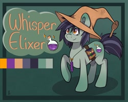 Size: 2048x1636 | Tagged: safe, artist:juiceboxartz, oc, oc only, oc:whisper elixer, earth pony, pony, earth pony oc, female, hat, potion