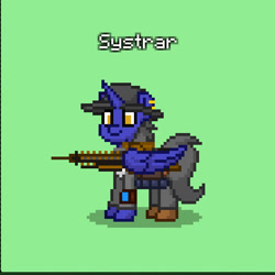 Size: 558x558 | Tagged: safe, oc, oc only, oc:systrar, alicorn, pony, fallout equestria, alicorn oc, artificial alicorn, blue alicorn (fo:e), clothes, ear piercing, earring, fedora, gauss rifle, green background, hat, horn, jewelry, piercing, pipbuck, simple background, solo, wings