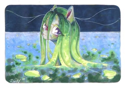 Size: 1280x903 | Tagged: safe, artist:dorry, oc, oc only, pony, blushing, green hair, lilypad, looking at you, looking back, scanned, solo, traditional art, water, watercolor painting, white frame