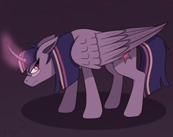 Size: 2048x1622 | Tagged: safe, artist:juiceboxartz, twilight sparkle, alicorn, pony, g4, alternate design, curved horn, female, glowing, glowing horn, horn, solo, twilight sparkle (alicorn)