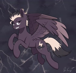 Size: 2048x1978 | Tagged: safe, artist:juiceboxartz, oc, oc only, oc:electric storm, pegasus, pony, female, flying, lightning, pegasus oc, rain, thunderstorm