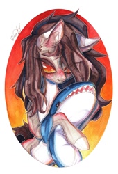 Size: 736x1080 | Tagged: safe, artist:dorry, oc, oc only, earth pony, pony, shark, blåhaj, colored eyelashes, earth pony oc, holding, hug, hugging a toy, looking down, marker drawing, markings, plushie, shark plushie, solo, toy, traditional art, watercolor painting, white frame
