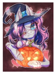 Size: 816x1080 | Tagged: safe, artist:dorry, oc, oc only, cat, ghost, pony, undead, bust, choker, cute, ghost cat, halloween, hat, holiday, marker drawing, one eye closed, outline, portrait, pumpkin, scar, simple background, slit pupils, solo, traditional art, white frame, white outline, witch hat