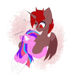 Size: 2048x2048 | Tagged: safe, artist:persikulka, oc, oc only, oc:hardy, oc:milana, alicorn, pony, chest fluff, colored sketch, duo, ear fluff, female, high res, hug, male, mare, stallion, straight, surprised, translated in the description