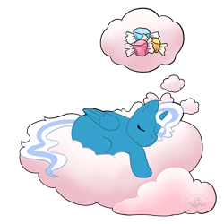 Size: 1200x1200 | Tagged: safe, artist:lib-fluffymoss, oc, oc only, oc:fleurbelle, alicorn, pony, alicorn oc, bow, candy, cloud, dream, female, food, hair bow, horn, lying down, lying on a cloud, mare, on a cloud, simple background, sleeping, solo, transparent background, wings