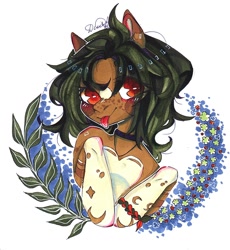 Size: 994x1080 | Tagged: safe, artist:dorry, oc, oc only, pony, :p, bracelet, choker, flower, freckles, jewelry, leaves, looking at you, marker drawing, markings, simple background, solo, tongue out, traditional art, tree branch, white background