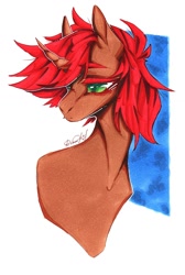 Size: 724x1080 | Tagged: safe, artist:dorry, oc, oc only, pony, unicorn, bust, curved horn, green eyes, horn, looking down, male, marker drawing, portrait, red mane, scan, scanned, simple background, solo, stallion, traditional art, unicorn oc, white background