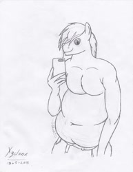 Size: 988x1280 | Tagged: safe, oc, oc only, oc:riftonic, anthro, belly button, cellphone, chubby, male, phone, selfie, smartphone, solo, stomach noise, traditional art