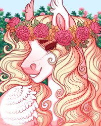 Size: 800x1000 | Tagged: safe, artist:snowberry, oc, oc:satin sabre, pony, blonde, bust, ear fluff, ear tufts, eye clipping through hair, floral head wreath, flower, flower in hair, girly, long hair, long hair male, looking at you, male, portrait, smiling, smiling at you, solo, stallion, teeth, wavy hair, wings