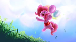 Size: 1920x1080 | Tagged: safe, artist:greenybeanz, pinkie pie, earth pony, pony, g4, balloon, female, floating, flying, open mouth, open smile, smiling, solo, then watch her balloons lift her up to the sky