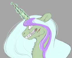 Size: 2244x1824 | Tagged: safe, artist:shadypixels, oc, alicorn, pony, fallout equestria, artificial alicorn, blood, gray background, green alicorn (fo:e), male alicorn, profile, sharp teeth, simple background, solo, teeth