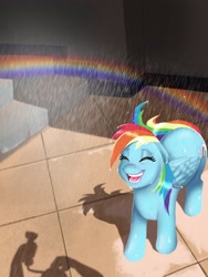 Size: 2034x2708 | Tagged: safe, artist:greenybeanz, rainbow dash, pegasus, pony, g4, cute, dashabetes, eyes closed, female, high res, open mouth, open smile, ponified animal photo, rainbow, smiling, solo, water, wet