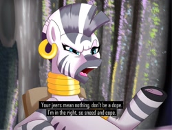 Size: 2000x1508 | Tagged: safe, artist:greenybeanz, zecora, zebra, g4, caption, female, frown, gradient background, half body, mare, rhyme, solo, talking, text, the eric andre show, why are you booing me i'm right