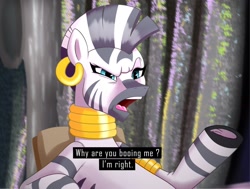 Size: 2000x1508 | Tagged: safe, artist:greenybeanz, zecora, zebra, g4, caption, female, frown, gradient background, half body, mare, solo, talking, text, the eric andre show, why are you booing me i'm right