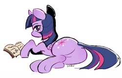 Size: 1100x700 | Tagged: safe, artist:survya, twilight sparkle, alicorn, pony, g4, book, butt, colored sketch, doodle, female, looking at you, looking back, plot, rear view, simple background, solo, the ass was fat, twibutt, twilight sparkle (alicorn), white background