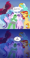 Size: 2000x3902 | Tagged: safe, artist:greenybeanz, lightning dust, starlight glimmer, sunset shimmer, suri polomare, tempest shadow, trixie, oc, oc:anon, earth pony, human, pegasus, pony, unicorn, g4, anon gets all the mares, bed, crotch bulge, female, glowing, glowing eyes, gone horribly right, high res, hug, lesbian, lucky bastard, male, red eyes, ship:startrix, shipping, sleeping, straight, this will end in snu snu