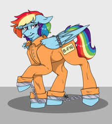 Size: 1844x2037 | Tagged: safe, artist:honeyofpeaches, rainbow dash, g4, bound wings, clothes, crying, cuffs, jumpsuit, prison outfit, prisoner rd, sad, shackles, wings